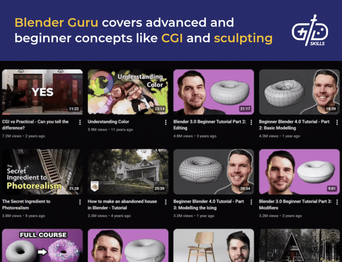Blender Guru covers advanced and beginner concepts like CGI and sculpting