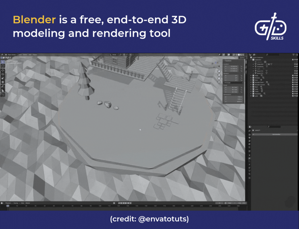 Blender is a free, end-to-end 3D modeling and rendering tool