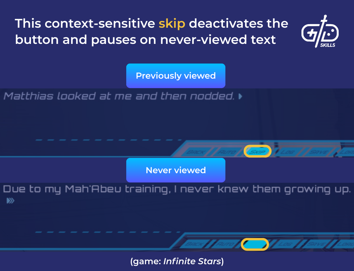 This context-sensitive skip deactivates the button and pauses on never-viewed text