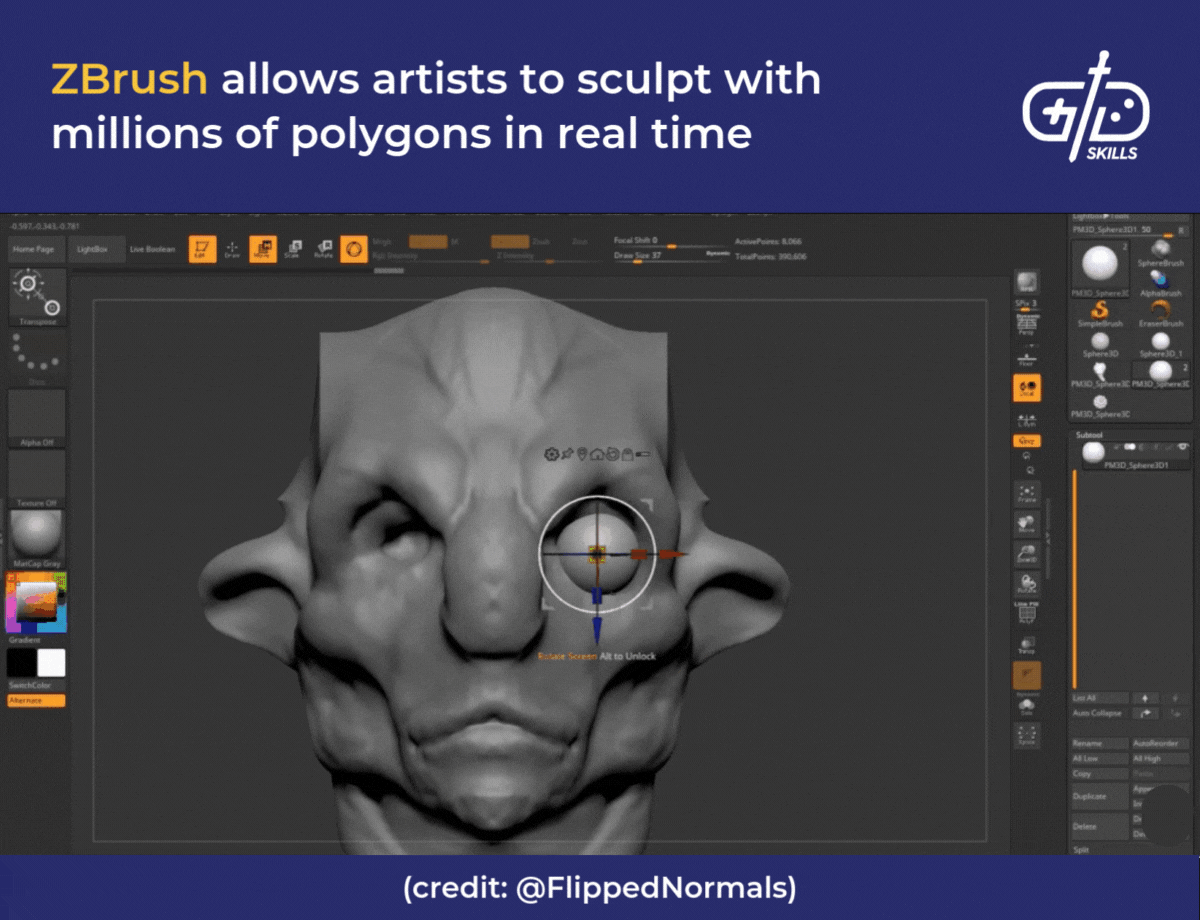 ZBrush allows artists to sculpt with millions of polygons in real time