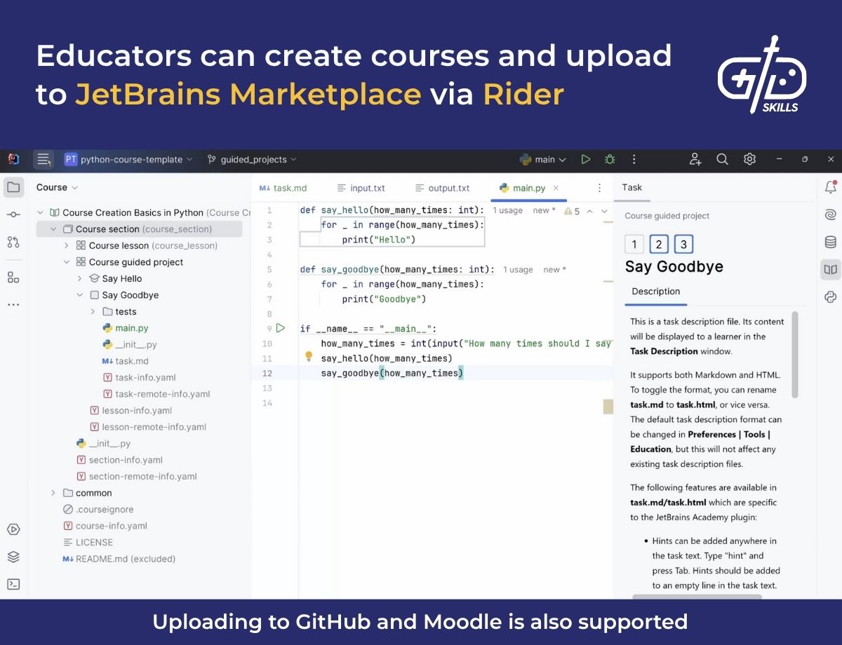 Educators can create courses and upload to JetBrains Marketplace via Rider