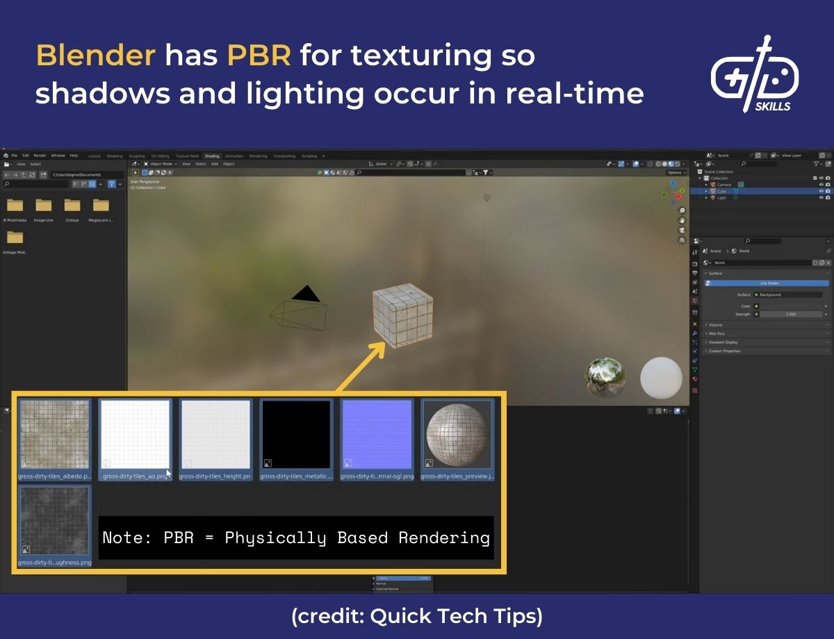 Blender has PBR for texturing so shadows and lighting occur in real-time