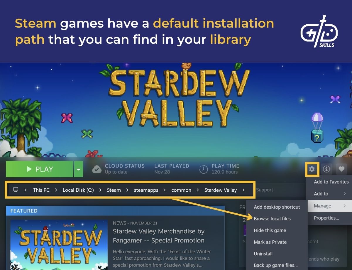 Steam games have a default installation path that you can find in your library