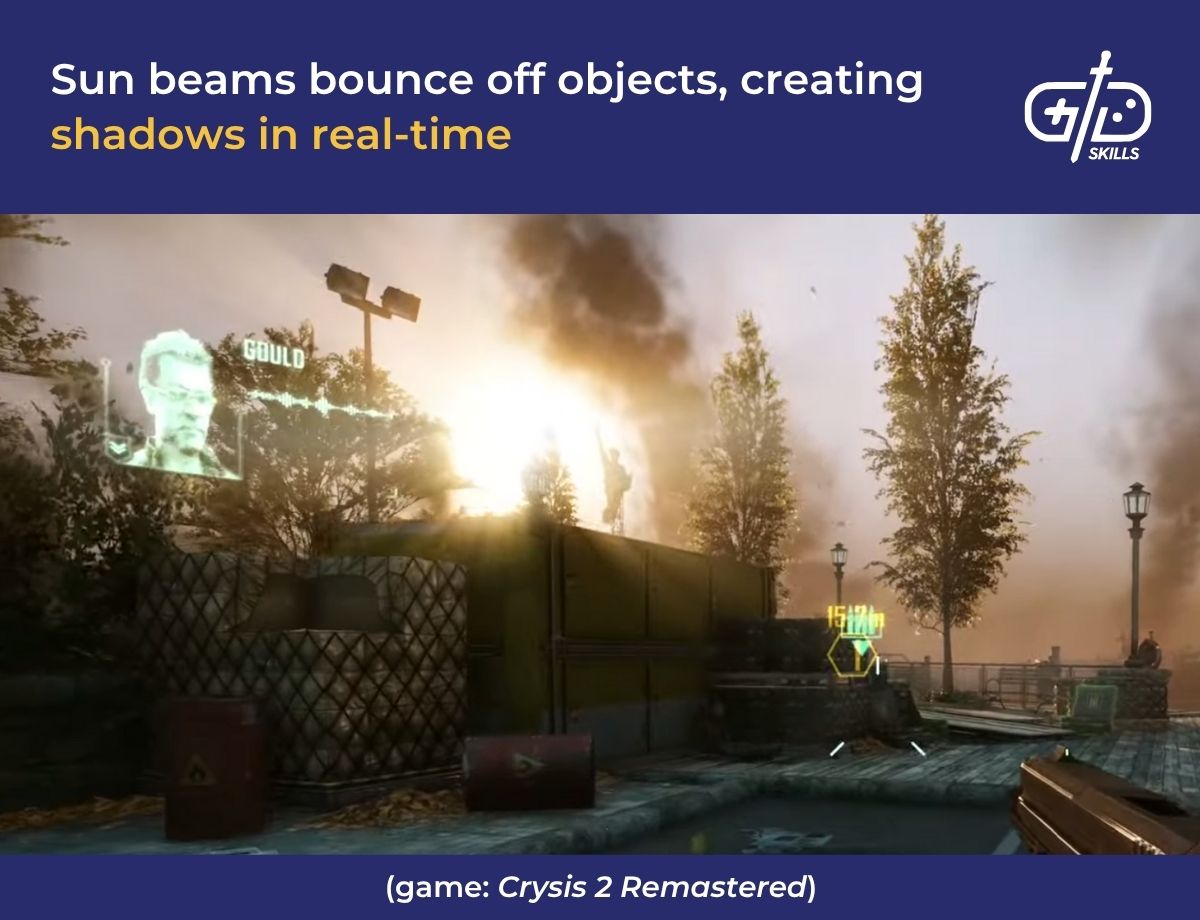 Sun beams bounce off objects, creating shadows in real-time