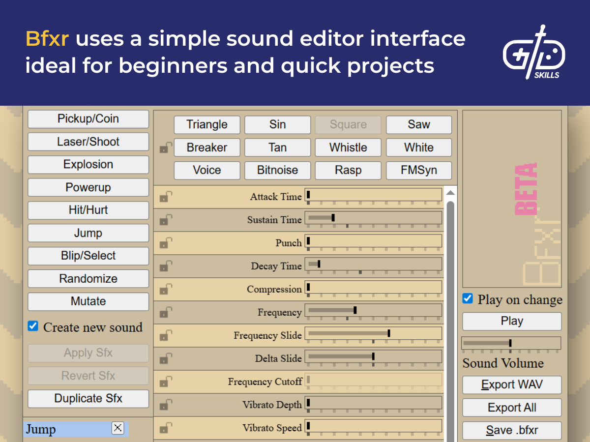 Bfxr uses a simple sound editor interface ideal for beginners and quick projects