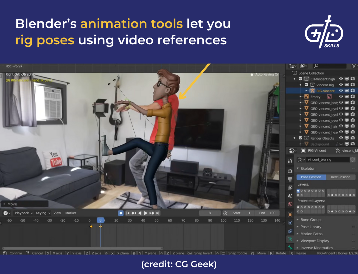 Blender's animation tools let you rig poses using video references