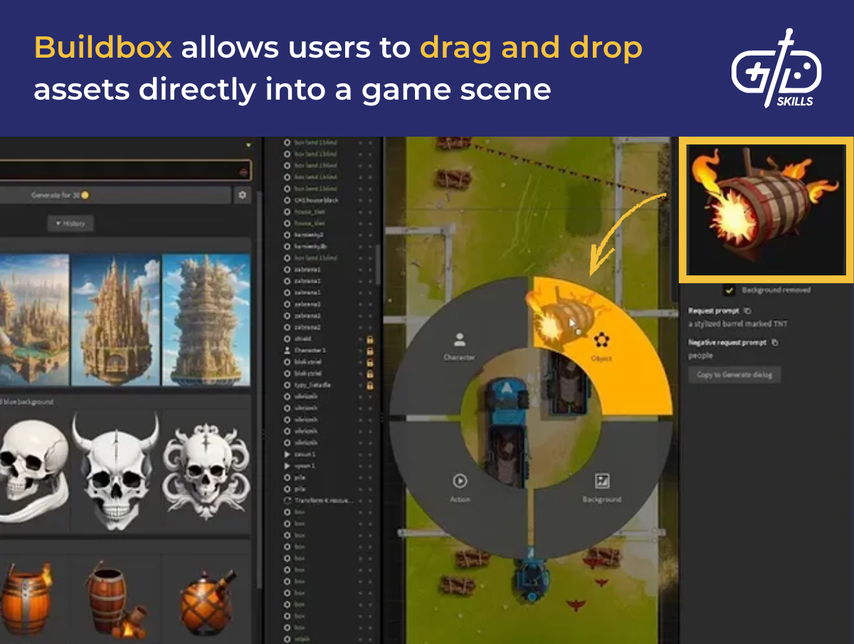 Buildbox allows users to drag and drop assets directly into a game scene