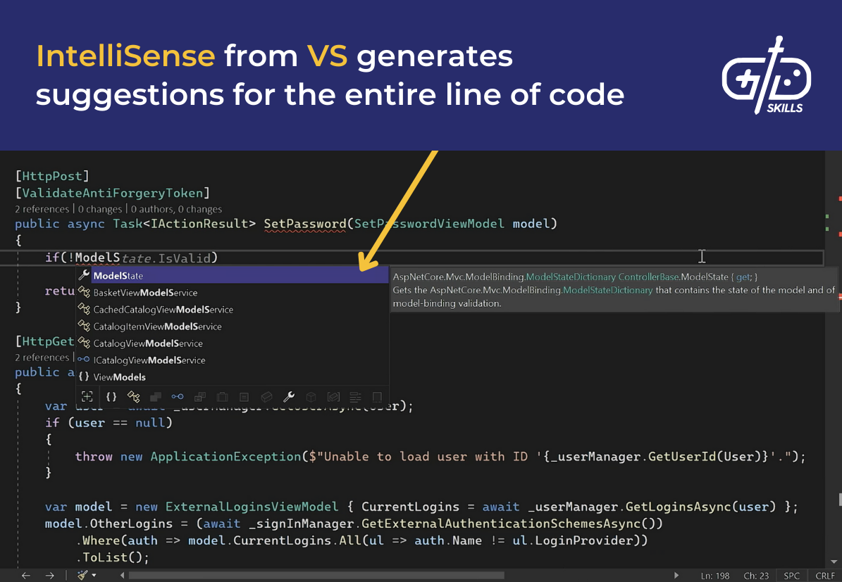 IntelliSense from VS generates suggestions for the entire line of code
