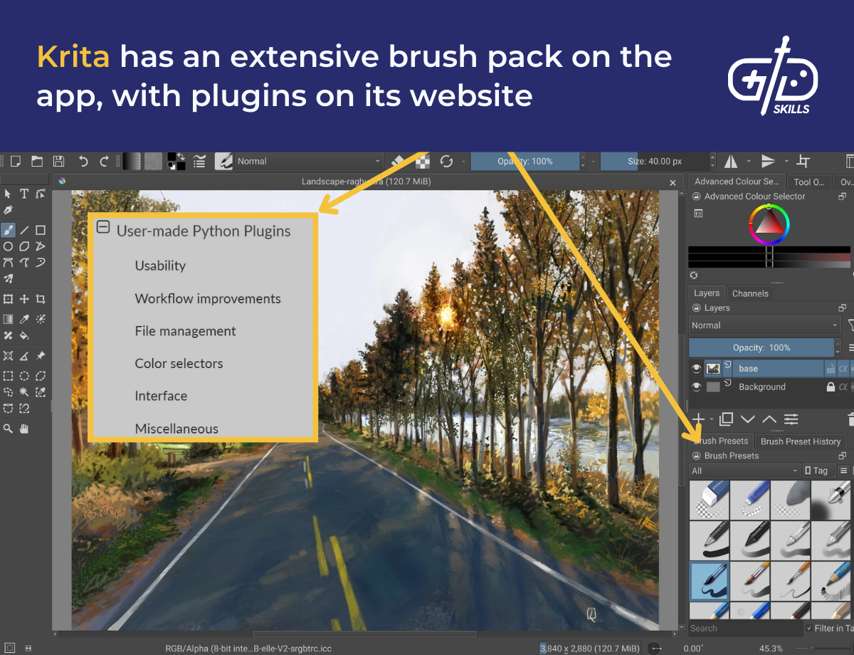 Krita has an extensive brush pack on the app, with plugins on its website