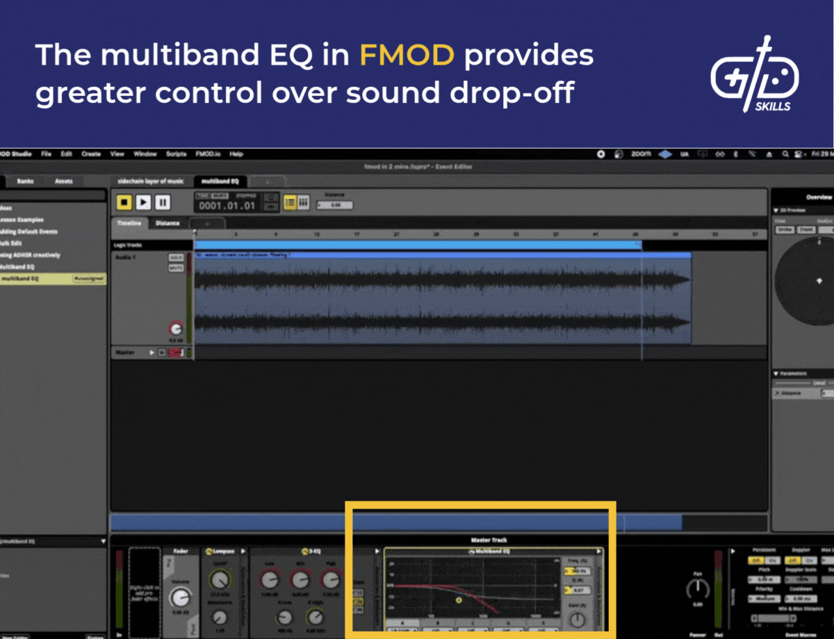 The multiband EQ in FMOD provides greater control over sound drop-off