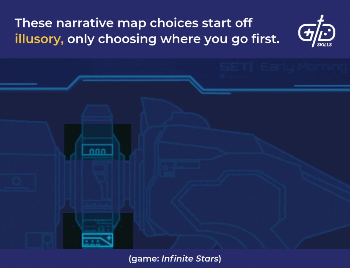 These narrative map choices start off illusory, only choosing where you go first