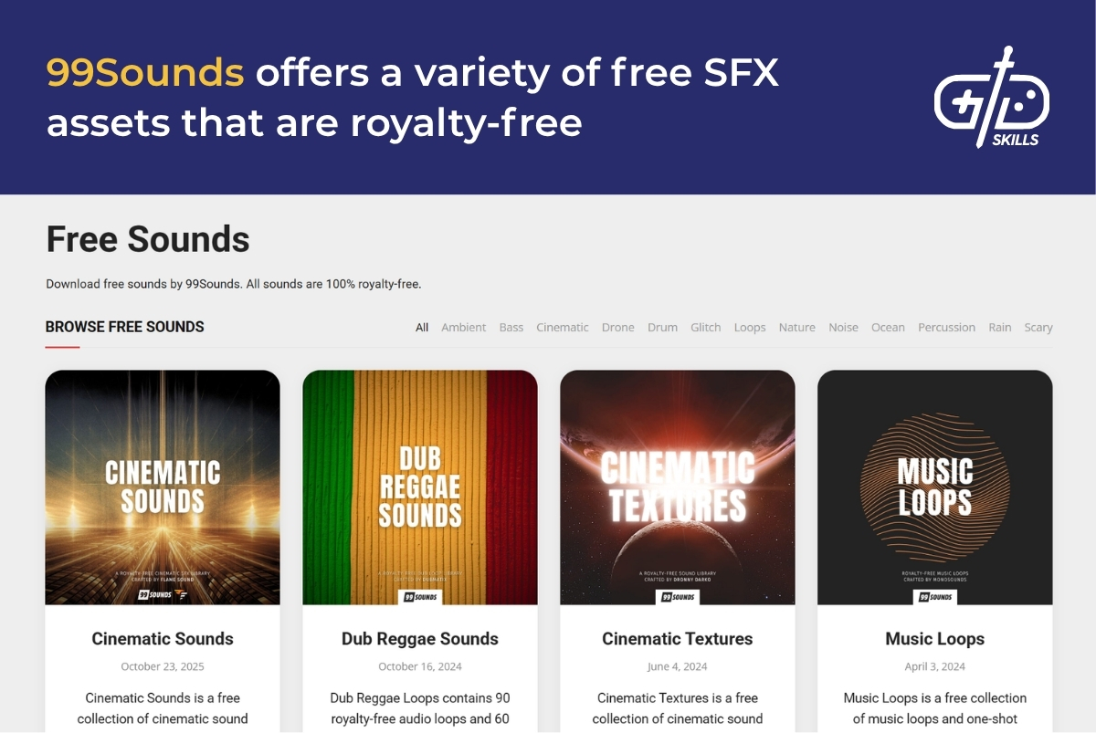 99Sounds offers a variety of free SFX assets that are royalty-free