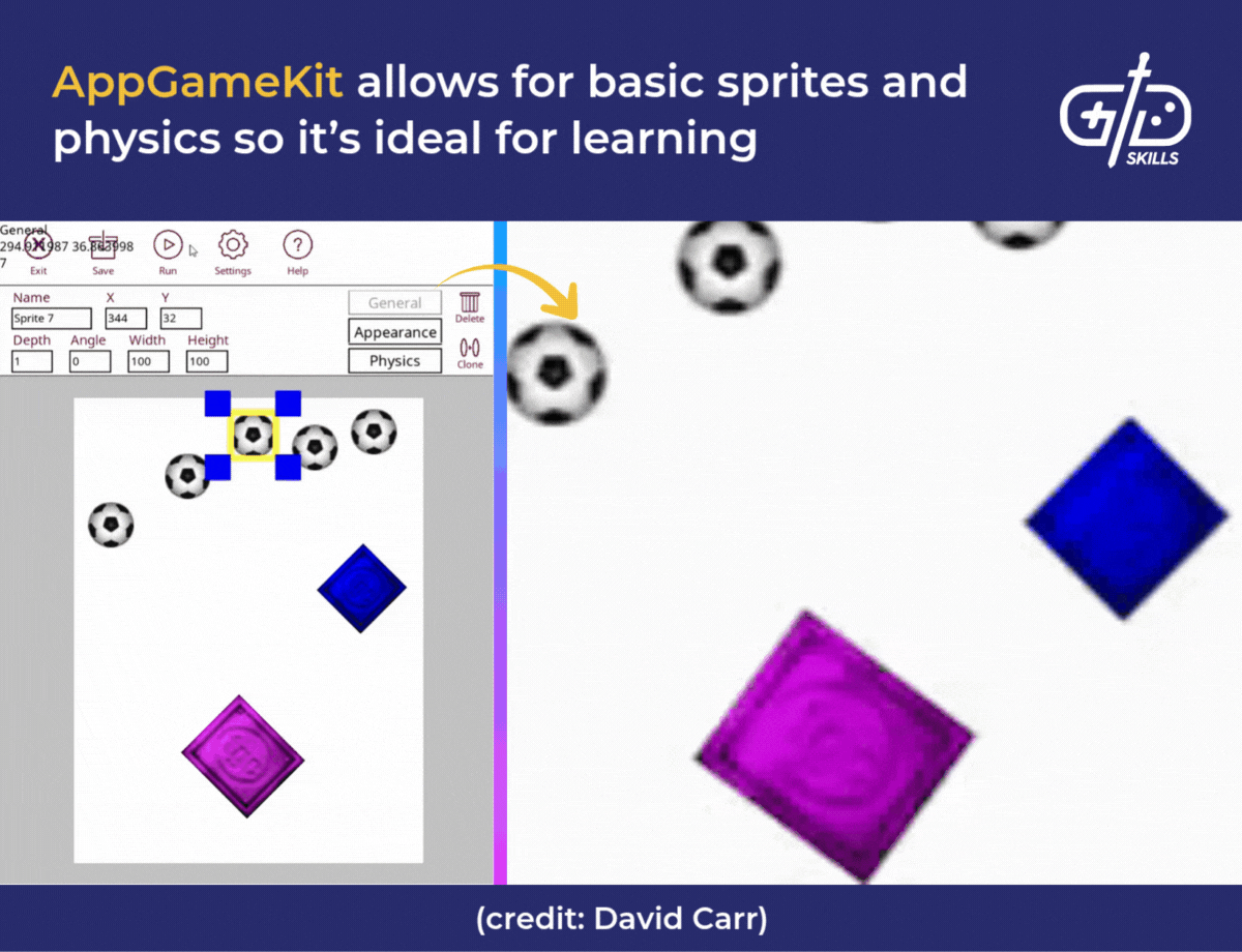 AppGameKit allows for bsaic sprites and physics so it's ideal for learning