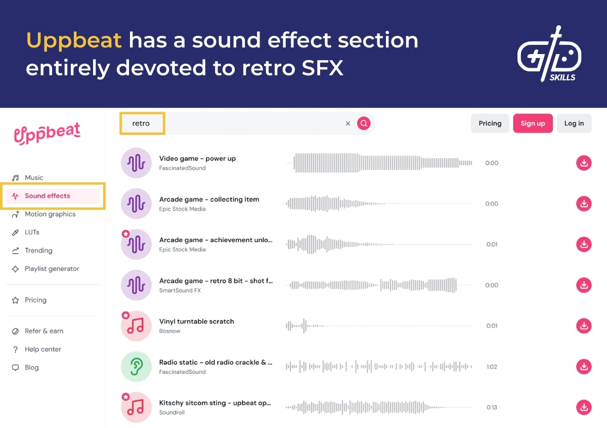 Uppbeat has a sound effect section entirely devoted to retro SFX
