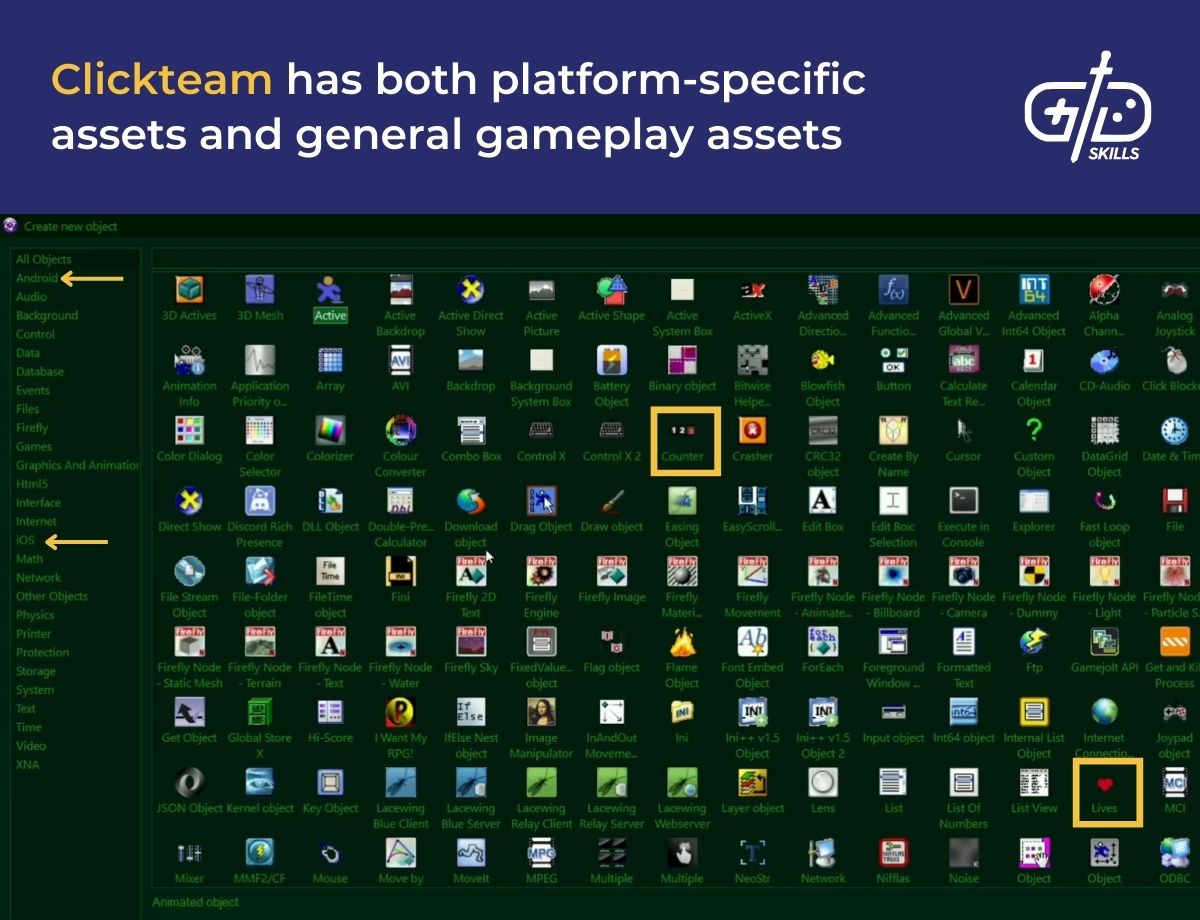 Clickteam has both platform-specific assets and general gameplay assets