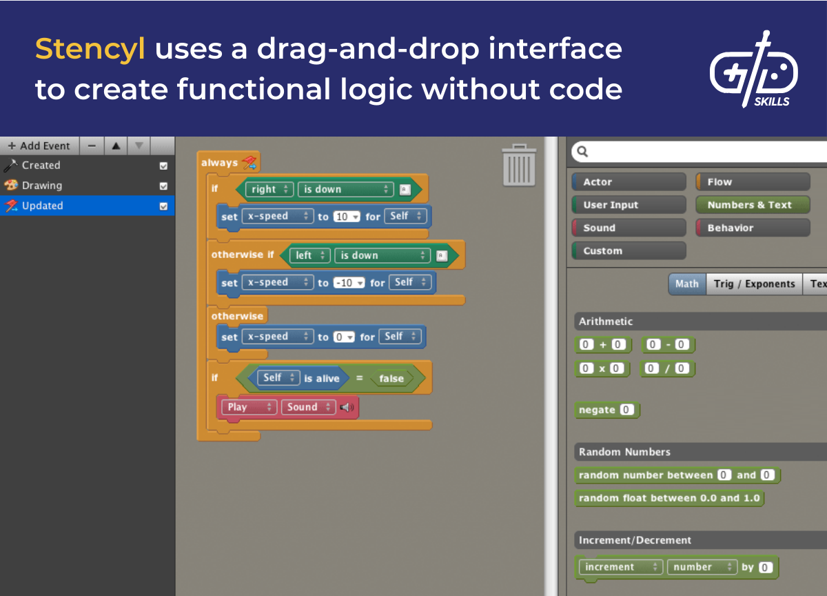 Stencyl uses a drag-and-drop interface to create functional logic without code