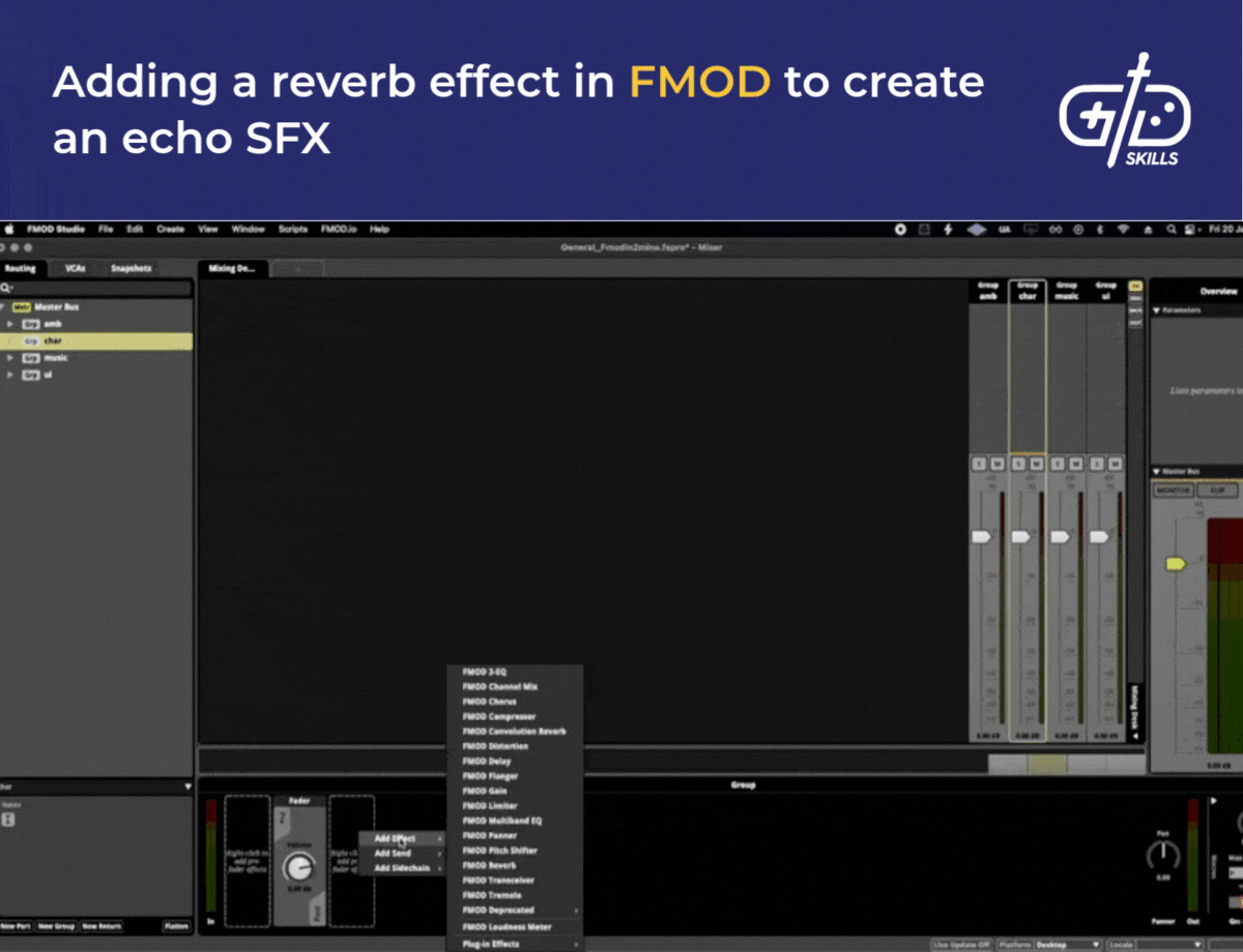 Adding a reverb effect in FMOD to create an echo SFX