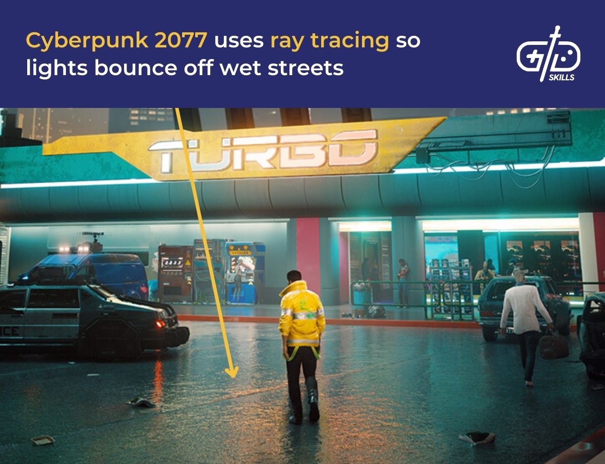 Cyberpunk 2077 uses ray tracing so lights bounce off wet streets