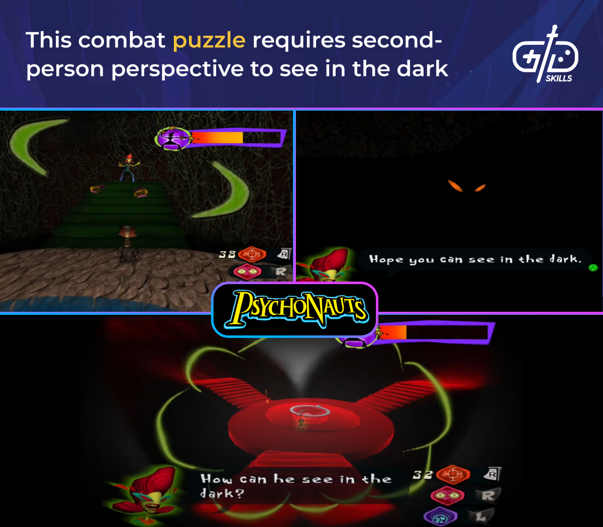 This combat puzzle requires a second-person perspective to see in the dark