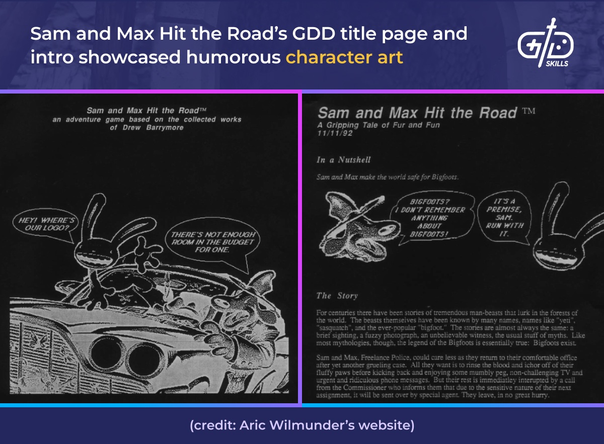 Sam and Max Hit the Road's GDD title page and intro showcased humorous character art