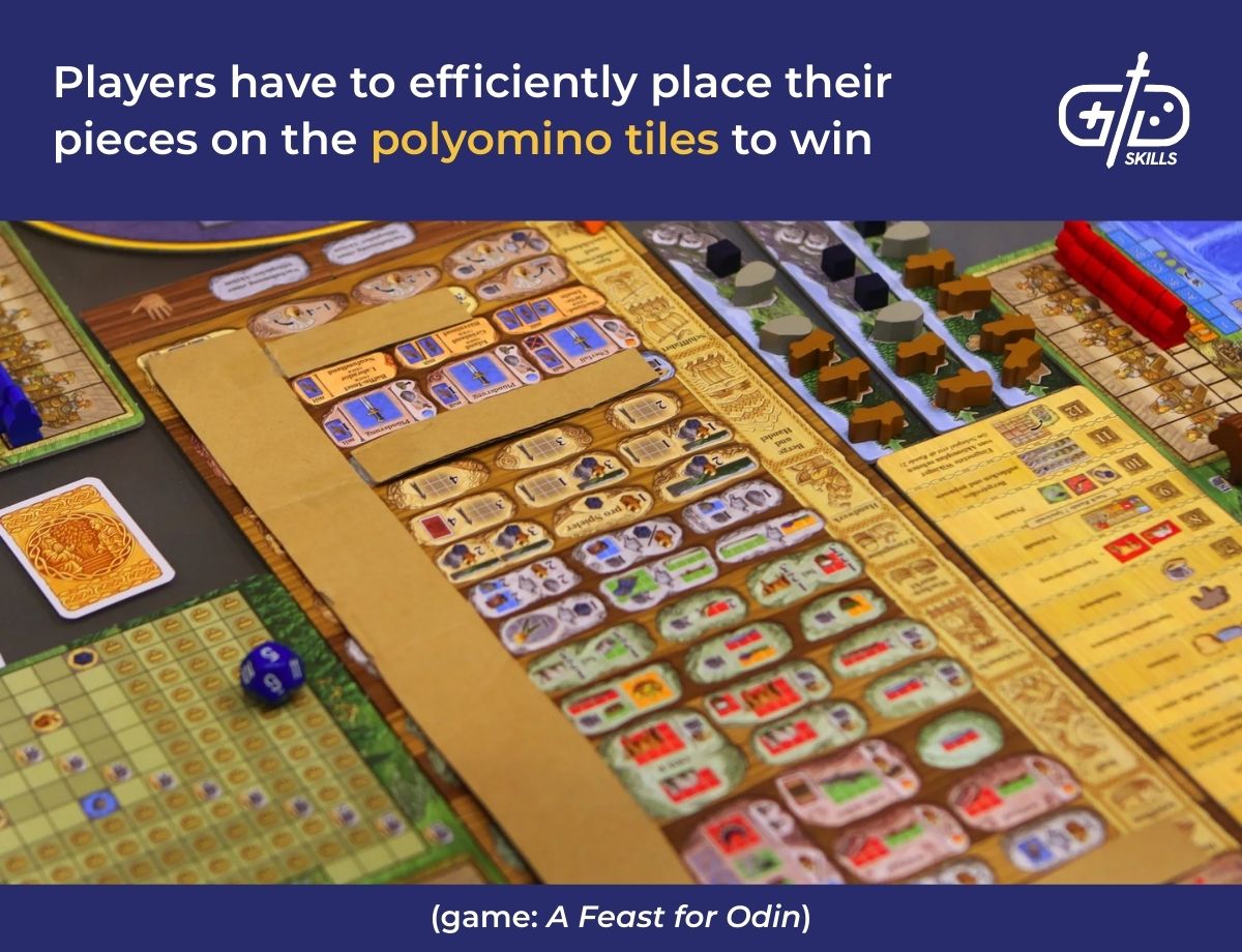 Players have to efficiently place theri pieces on the polyomino tiles to win