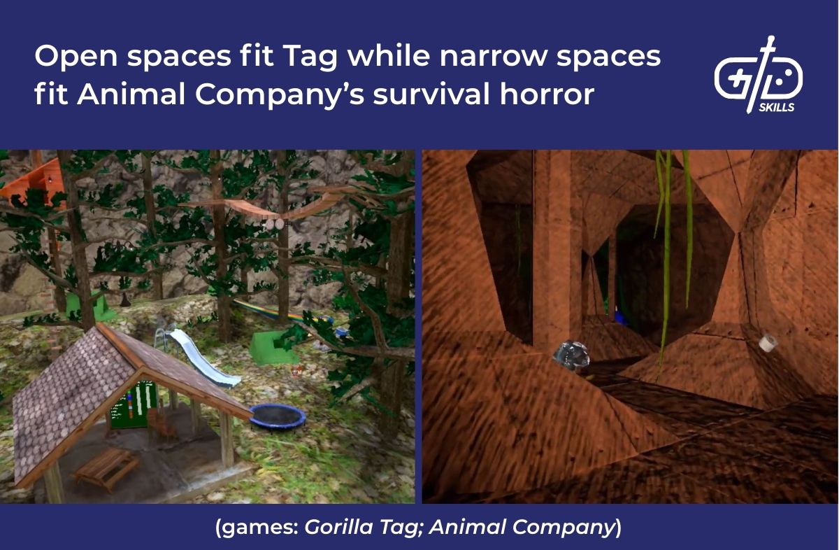 Open spaces fit Tag while narrow spaces fit Animal Company's survival horror