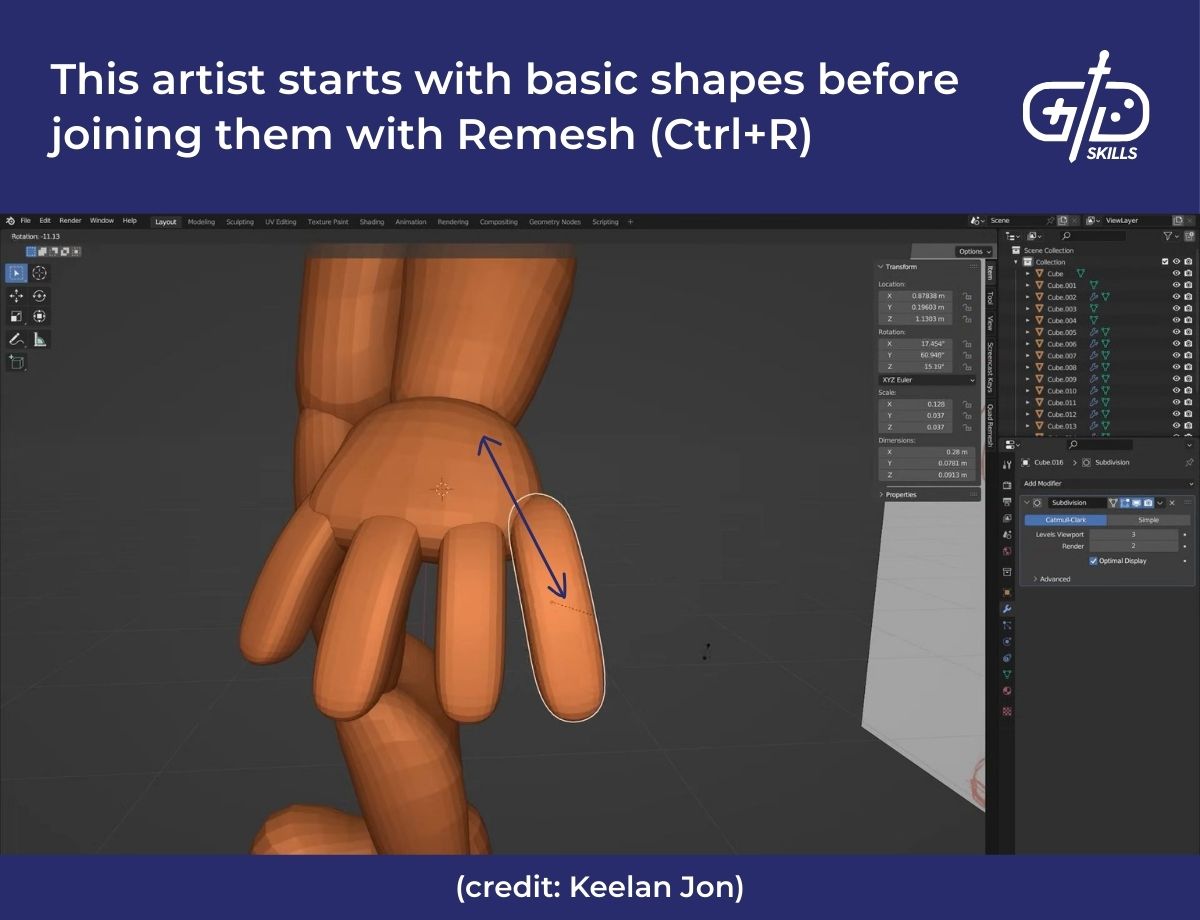 This artist starts with basic shapes before joining them with Remesh (Ctrl + R)