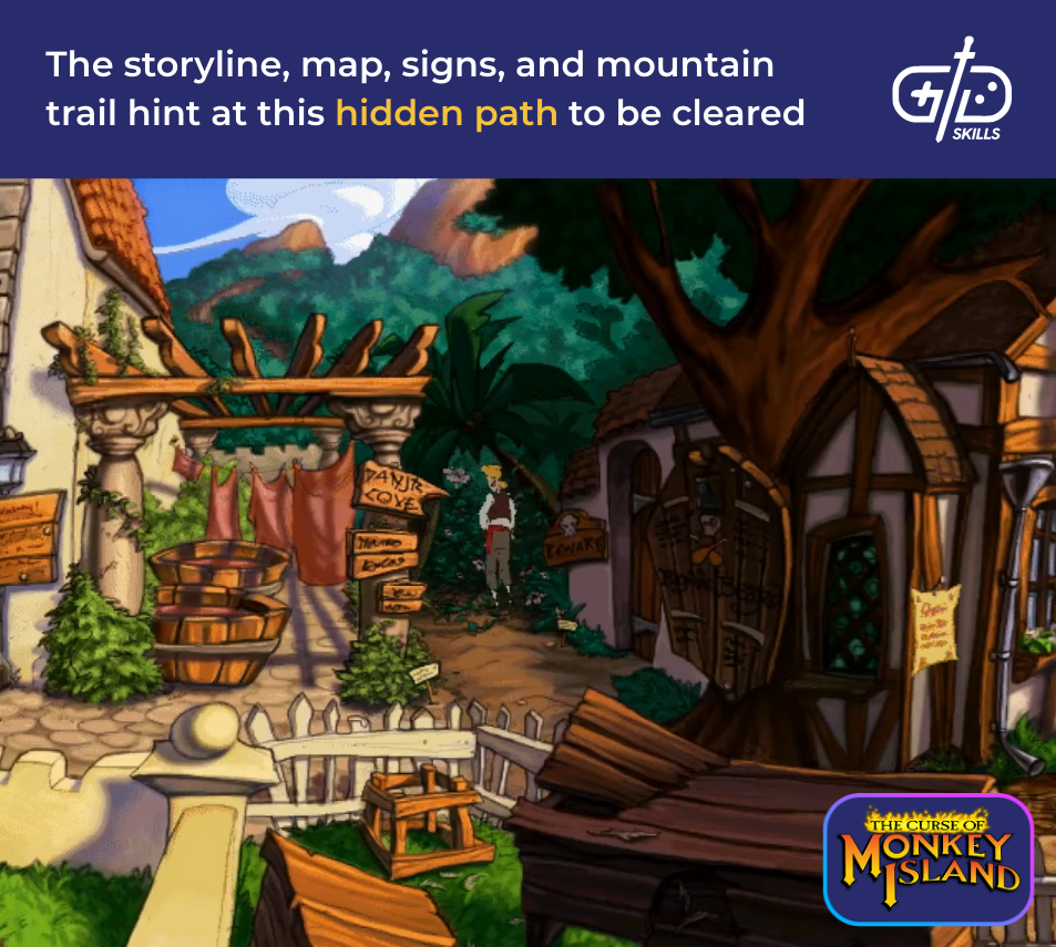 The storyline, map, signs, and mountain trail hint at this hidden path to be cleared