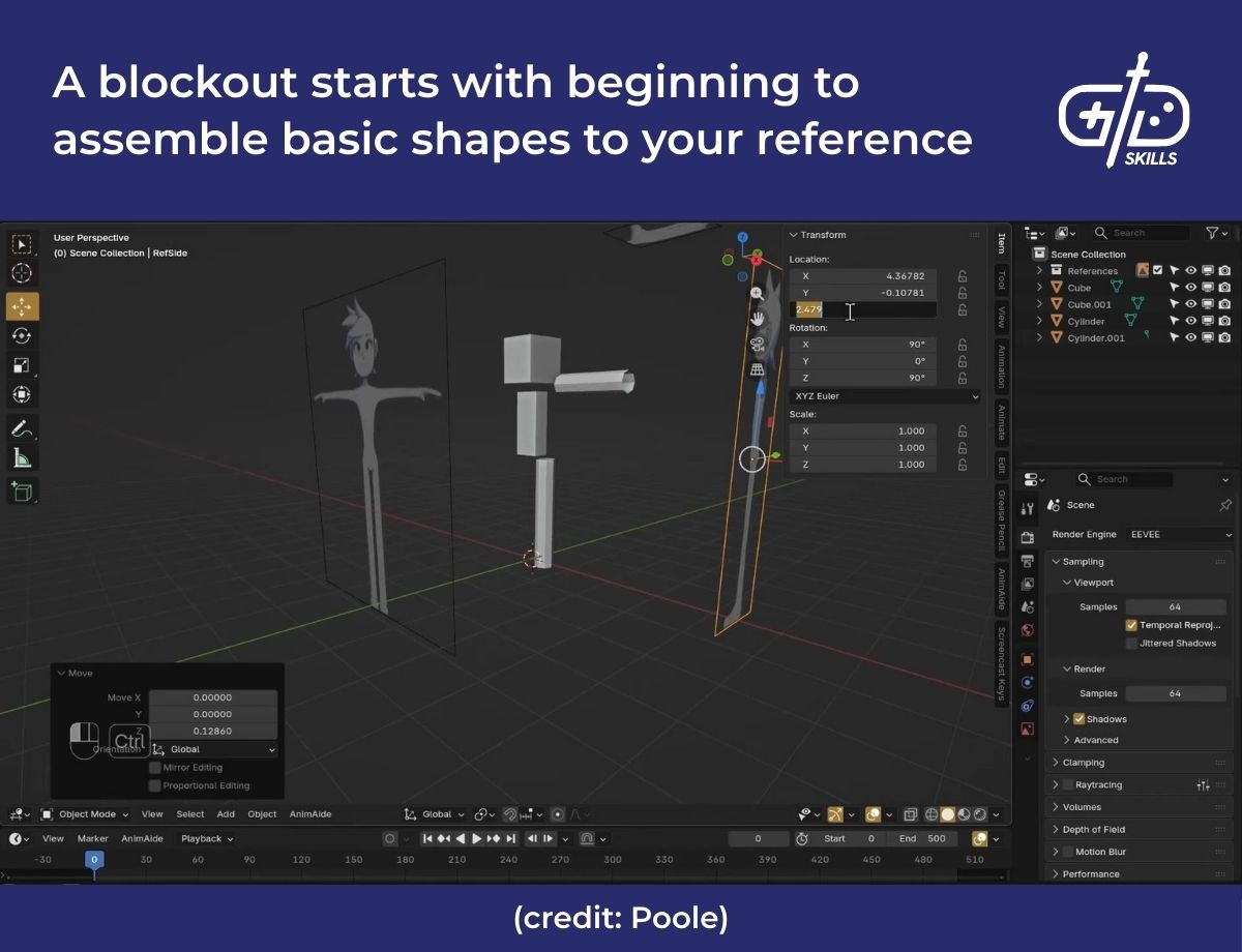 A blockout starts with beginning to assemble basic shapes to your reference