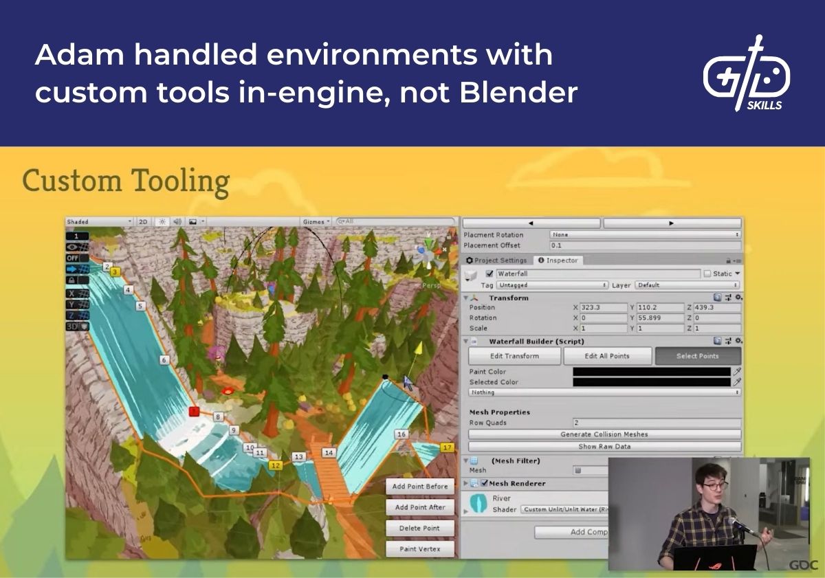 Adam handled environments with custom tools in-engine, not Blender