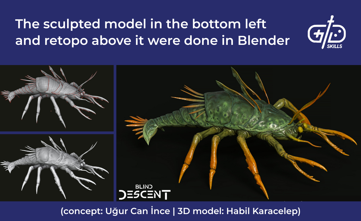 The sculpted model in the bottom left and retopo above it were done in Blender