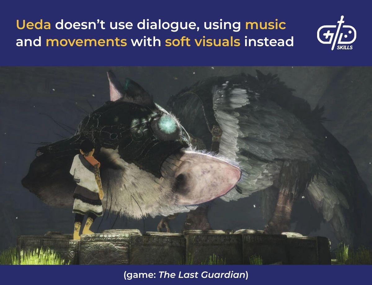 Ueda doesn't use dialogue, using music and movements with soft visuals instead