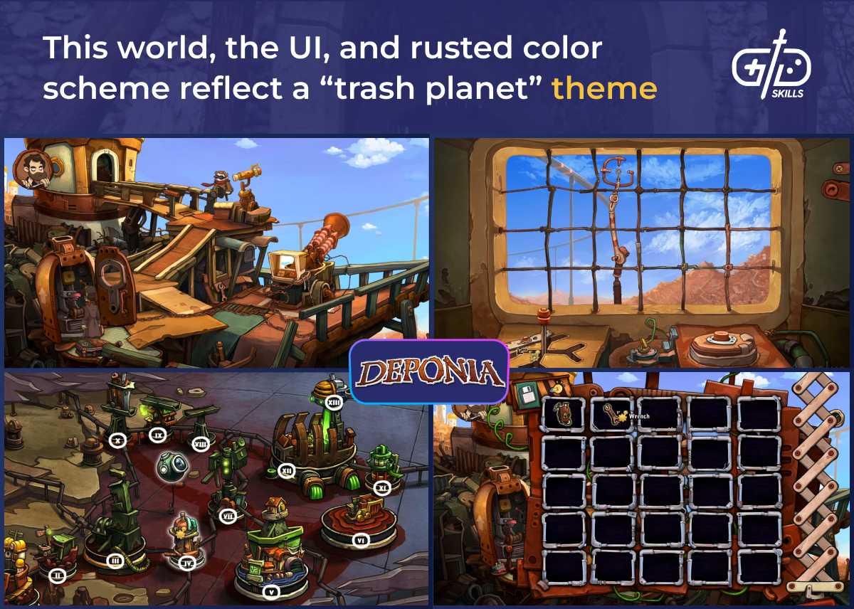 This world, the UI, and rusted color scheme reflect a "trash planet" theme
