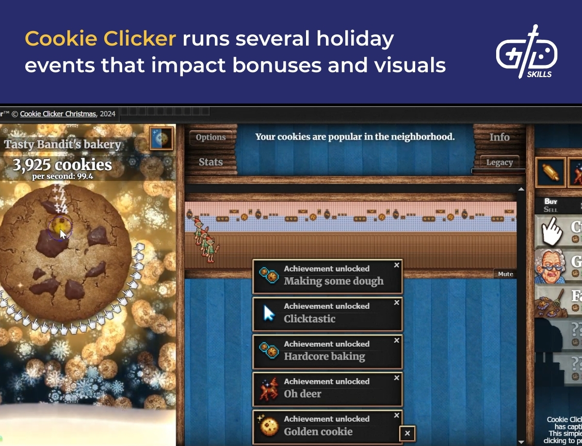 Cookie Clicker runs several holiday events that impact bonuses and visuals