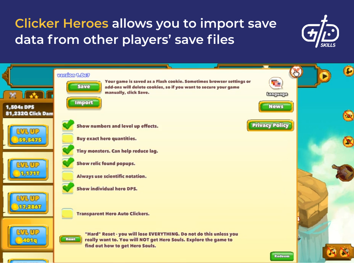 Clicker Heroes allows you to import save data from other players’ save files