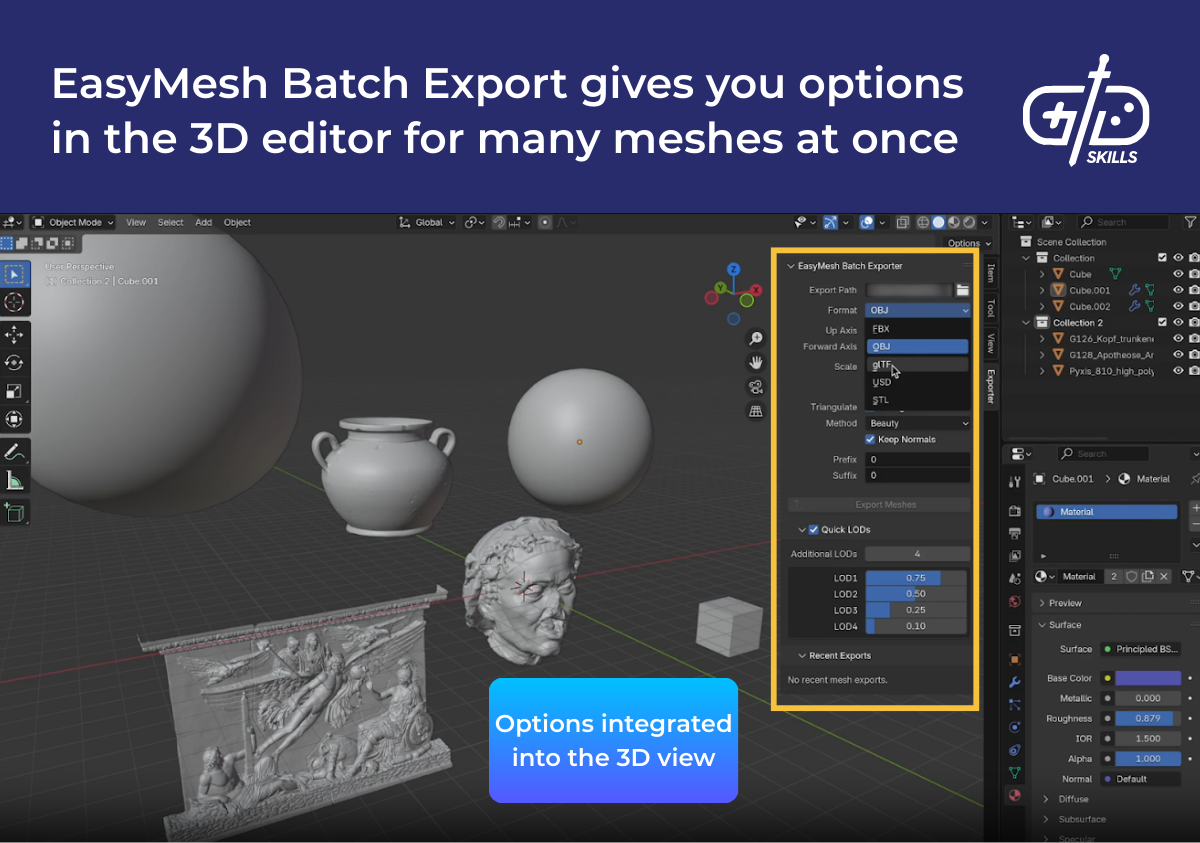 EasyMesh Batch Export gives you options in the 3D editor for many meshes at once