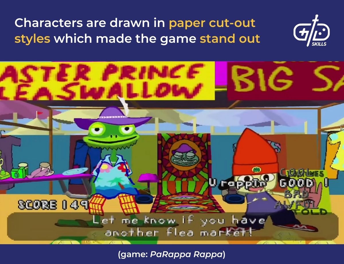 Characters are drawn in paper cut-out styles which made PaRappa the Rappa stand out