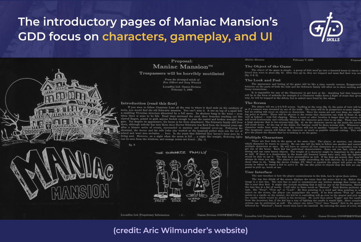 The introductory pages of Maniac Mansion's GDD focus on characters, gameplay, and UI