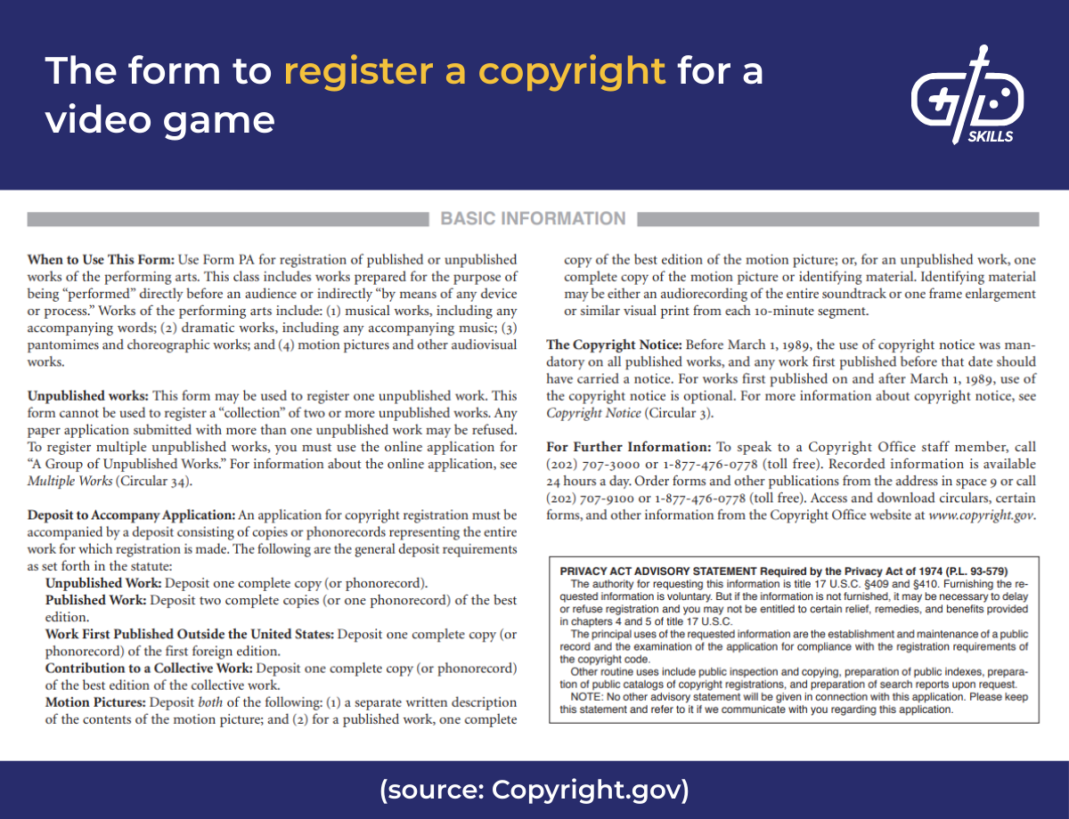 The form to register a copyright for a video game