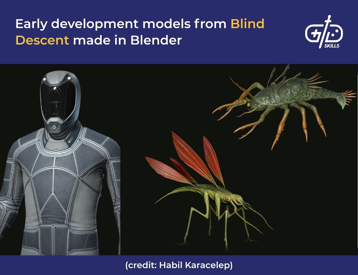 Early development models from Blind Descent made in Blender