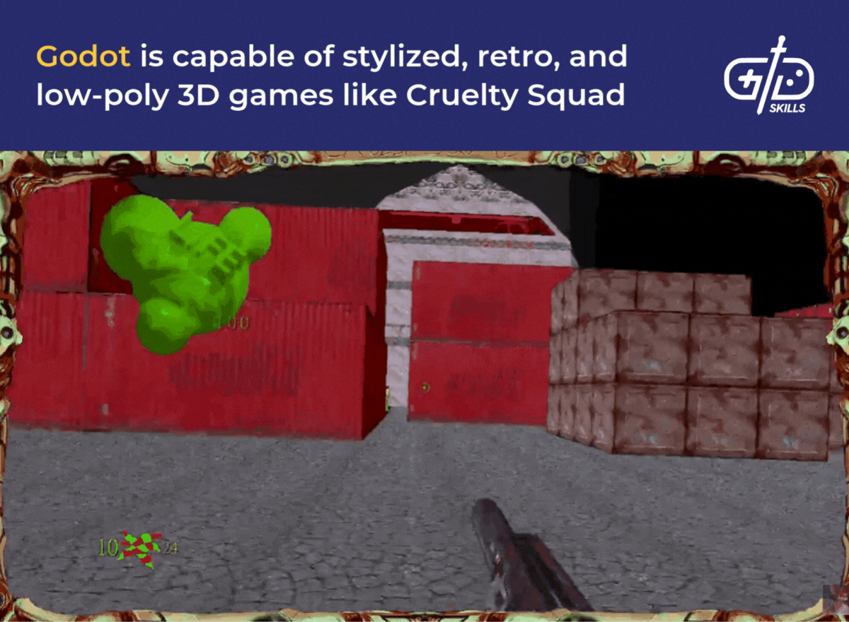 Godot is capable of stylized, retro, and low-poly 3D games like Cruelty Squad