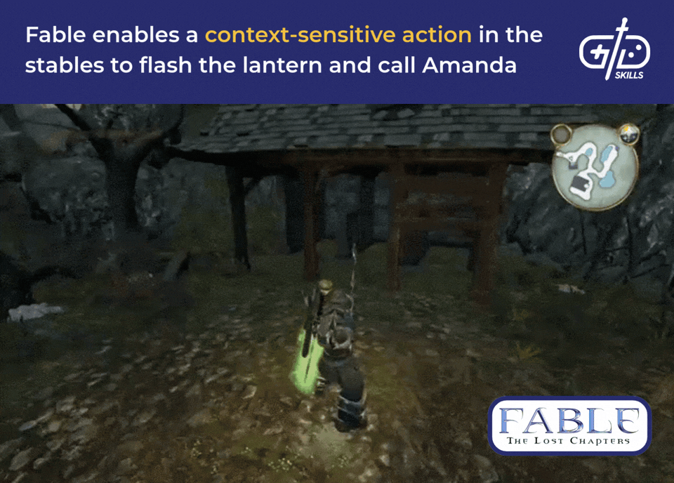 Fable enables a context-sensitive action in the stables to flash the lantern and call Amanda