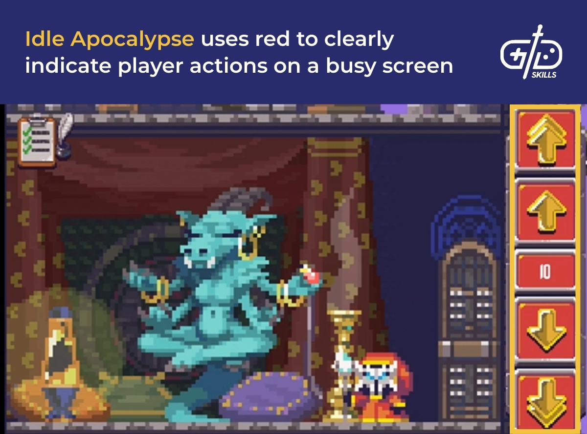 Idle Apocalypse uses red to clearly indicate player actions on a busy screen
