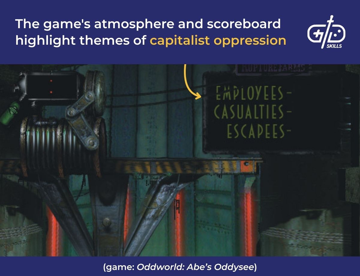 The atmosphere and scoreboard in Oddworld: Abe's Oddysee highlight themes of capitalist oppression