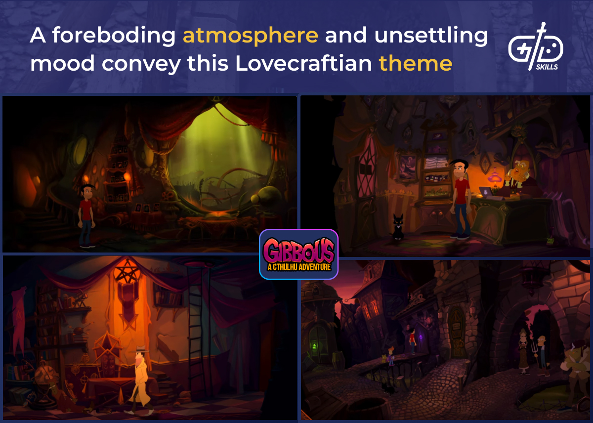 A foreboding atmosphere and unsettling mood convey this Lovecraftian theme