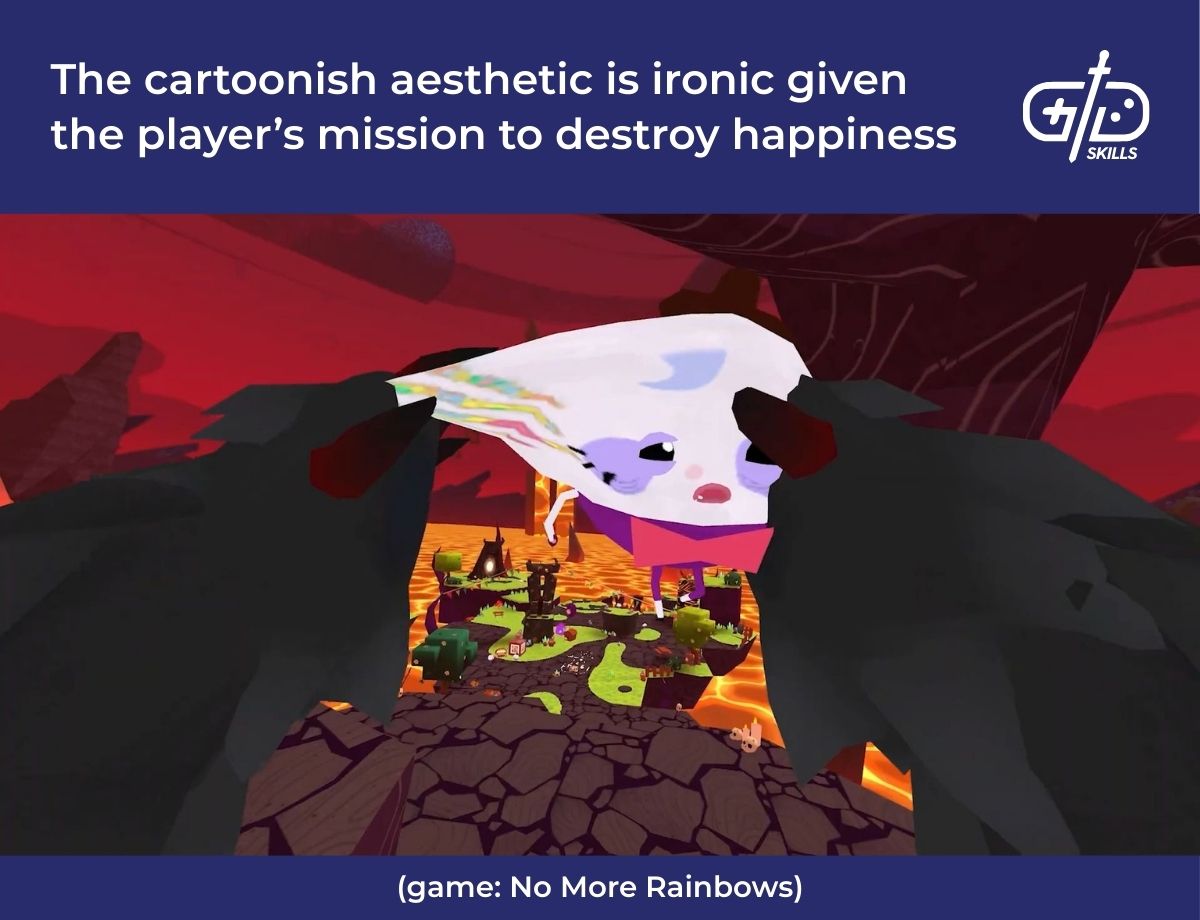The cartoonish aesthetic is ironic given the player's mission to destroy happiness