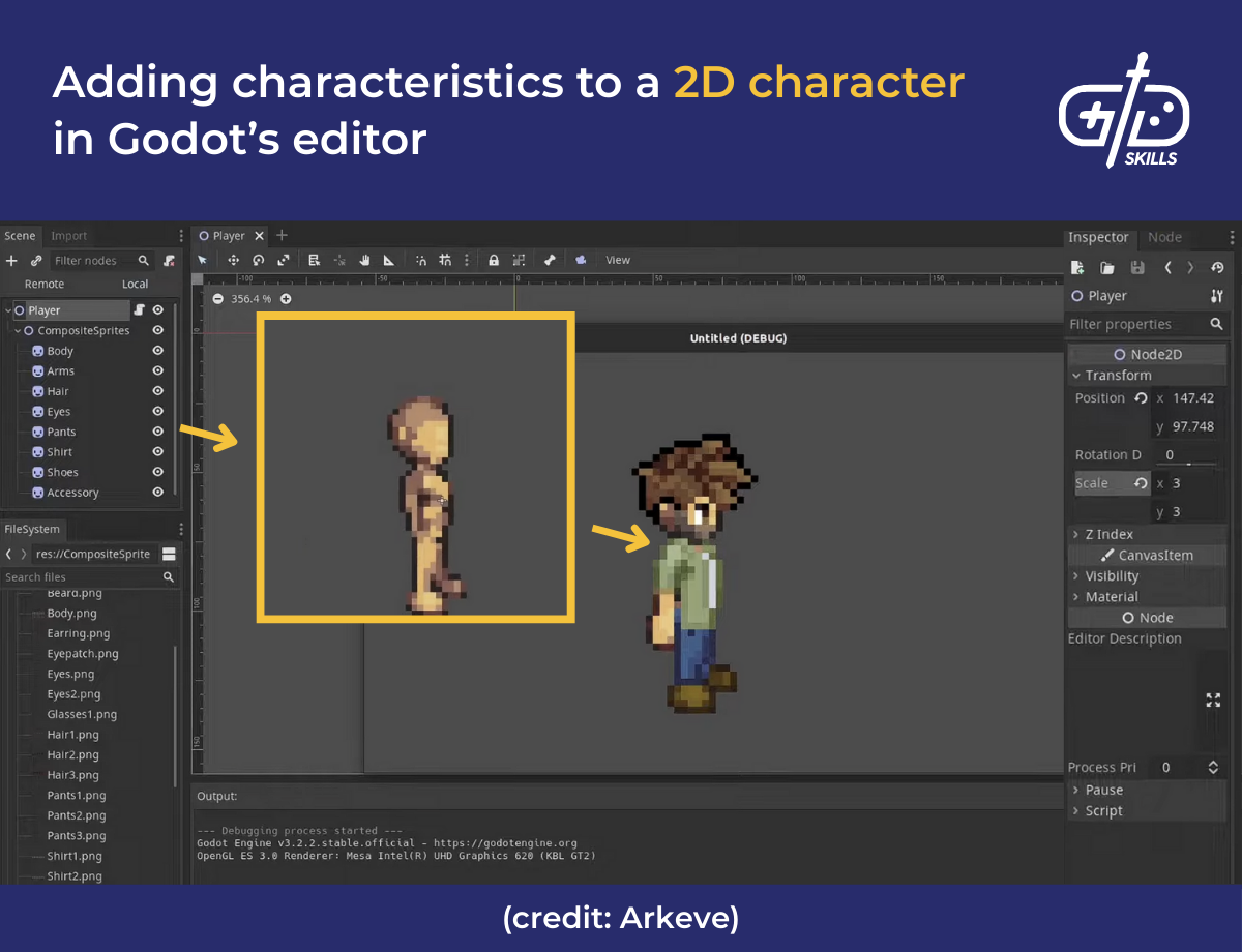 Adding characteristics to a 2D character in Godot's editor