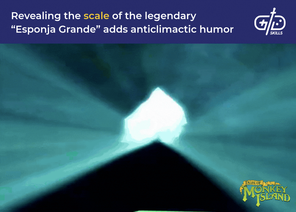 Revealing the scale of the legendary "Esponja Grande" adds anticlimactic humor