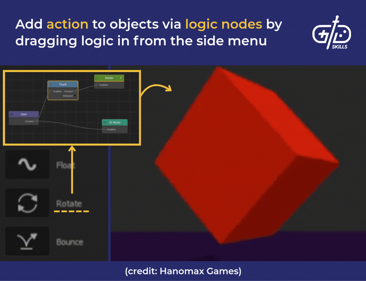 Add action to objects via logic nodes by dragging logic in from the side menu