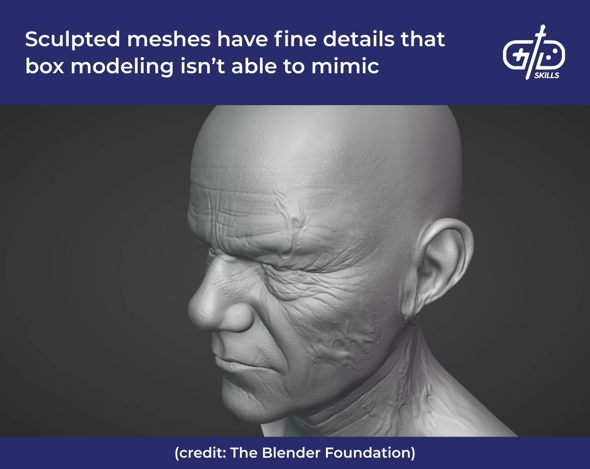 Sculpted meshes have fine details that box modeling isn't able to mimic